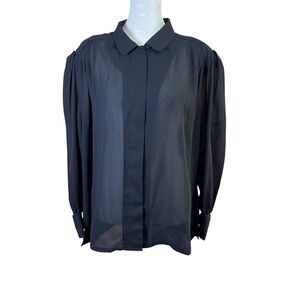 VTG 80s Shapely Black Sheer Long Sleeve Women Top Hidden Button Whimsygoth Sz 16